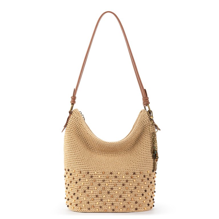 Sequoia Hobo Leather Bag - Hand Crochet - Bamboo Neutral Beads