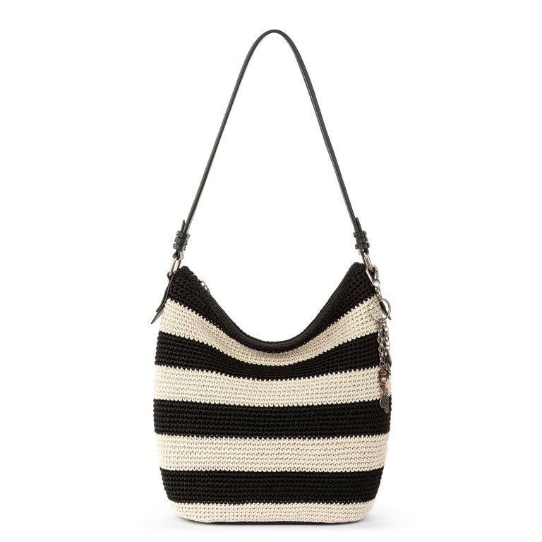 Sequoia Hobo Leather Bag - Hand Crochet - Black Stripe