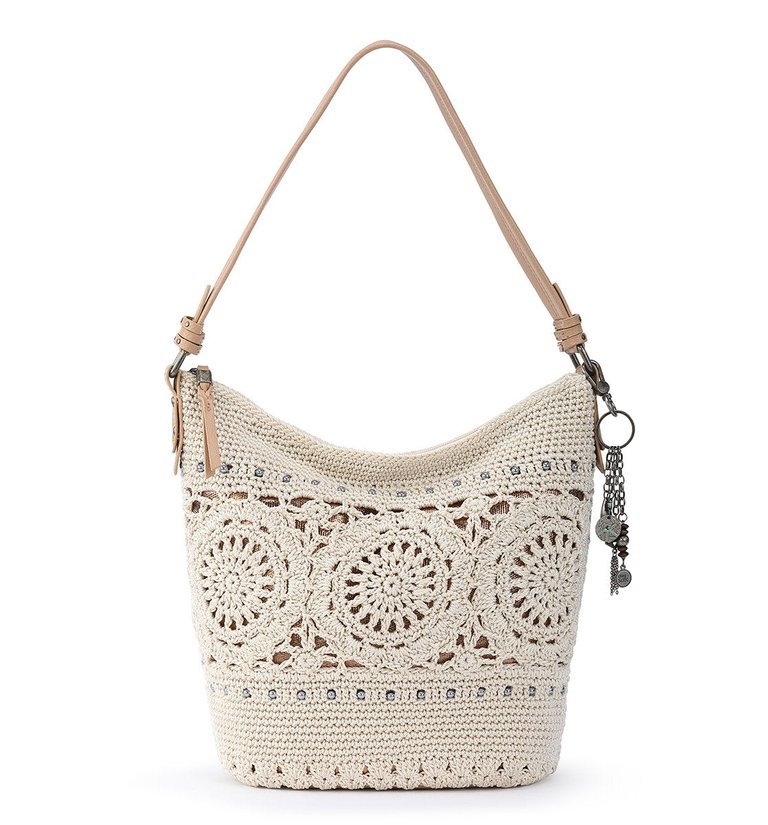 Sequoia Hobo Leather Bag - Hand Crochet - Natural Medallion