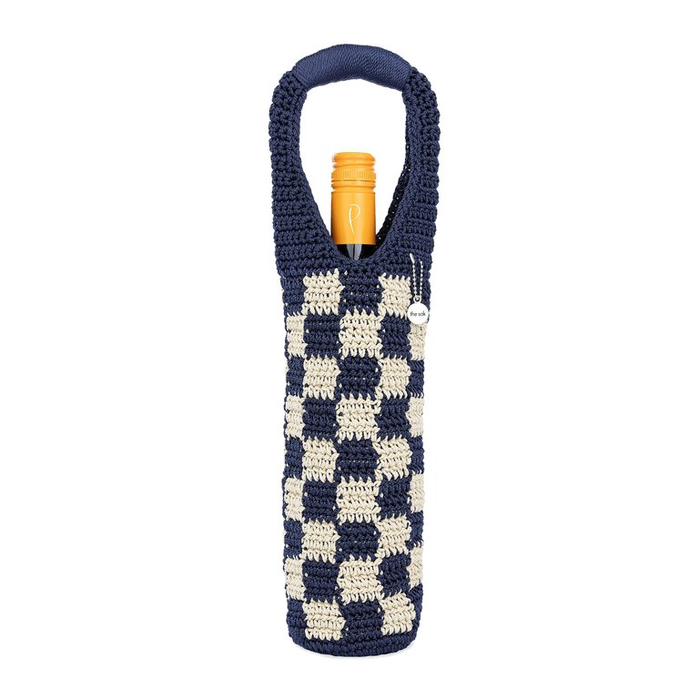 Wine Bag - Hand Crochet - Denim Check