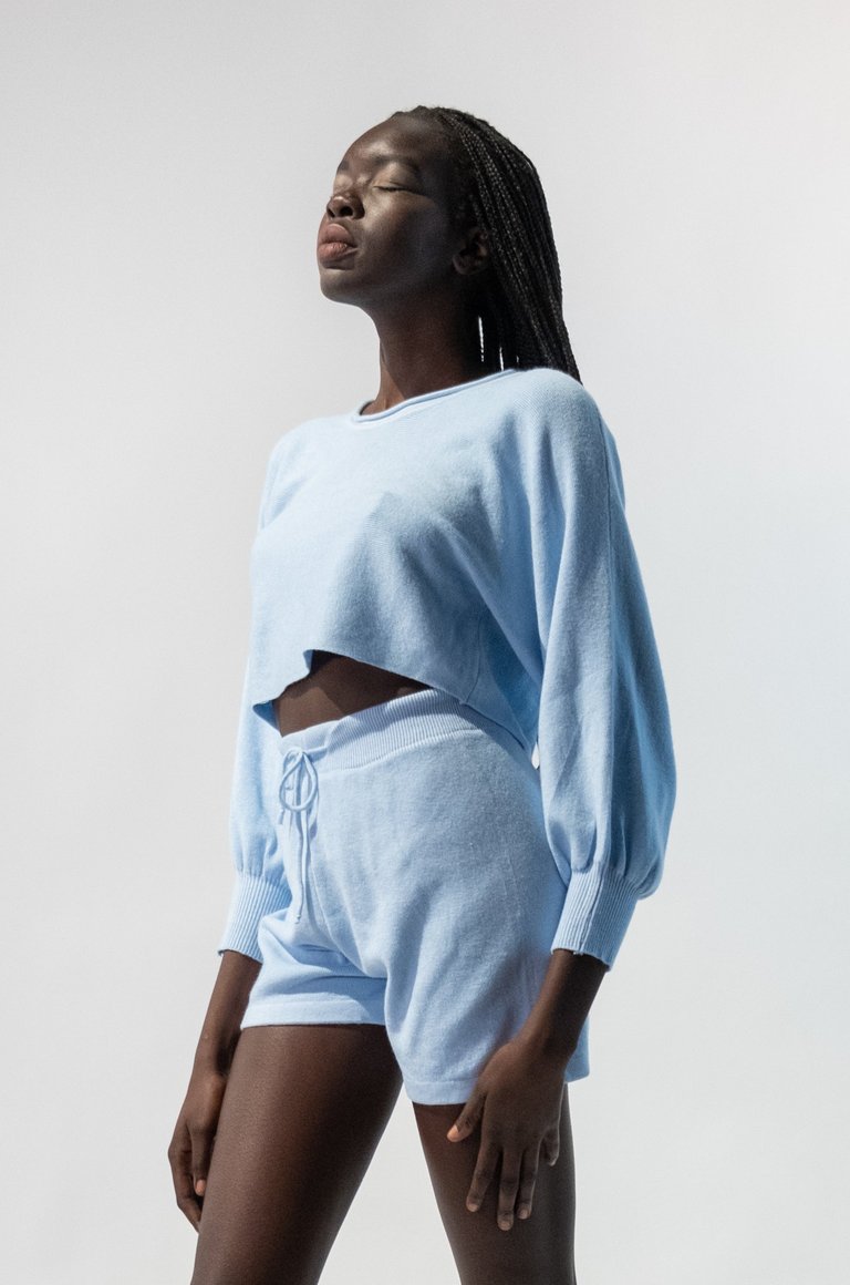 Long Bishop Sleeves Sweater And Shorts Set - Baby Blue
