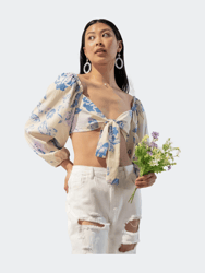 Long Sleeves Cropped Floral Tie Blouse - Cream