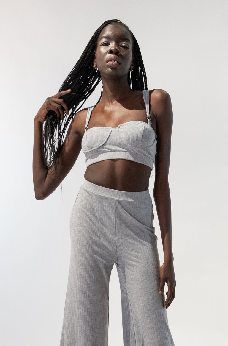 Ribbed Crop Tank Top and Pants Set - Grey