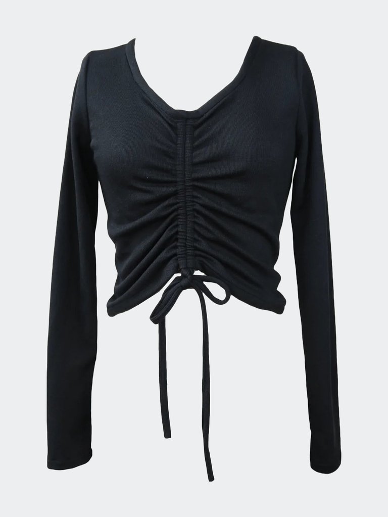 Sustainable Knit Ruched Long Sleeve Top - Black