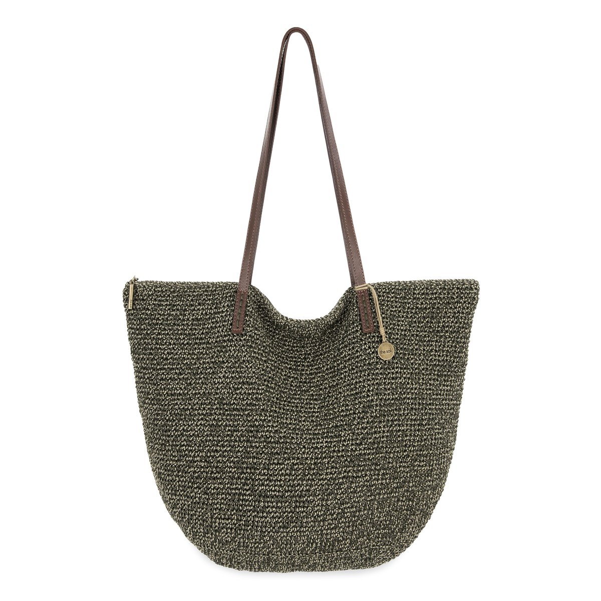 The Sak Crochet Purse Bag Braided Leather Handles Beige Grey