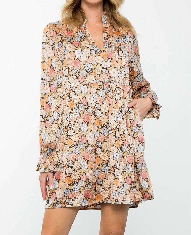 Long Sleeve Floral Dress In Black Multi - Black Multi