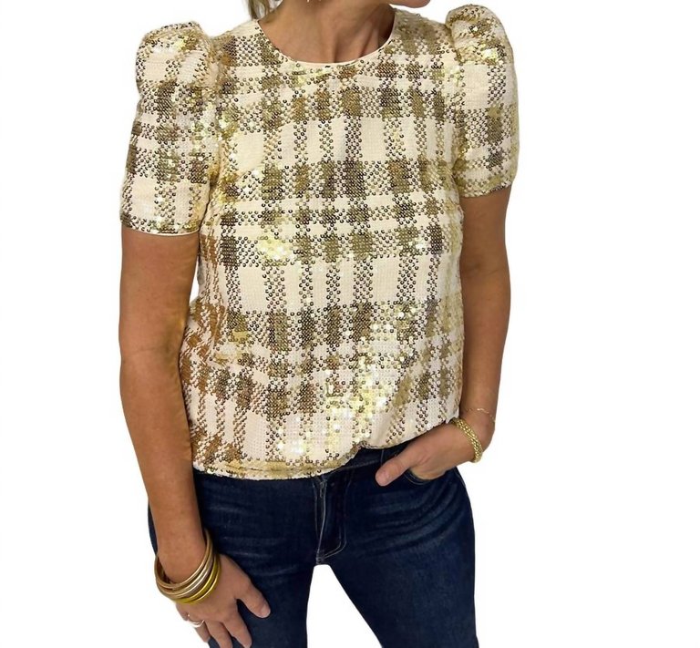 Plaid Sequin Short Sleeve Top - Cream