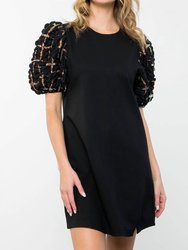 Textured Sequin Puff Sleeve Dress - Black