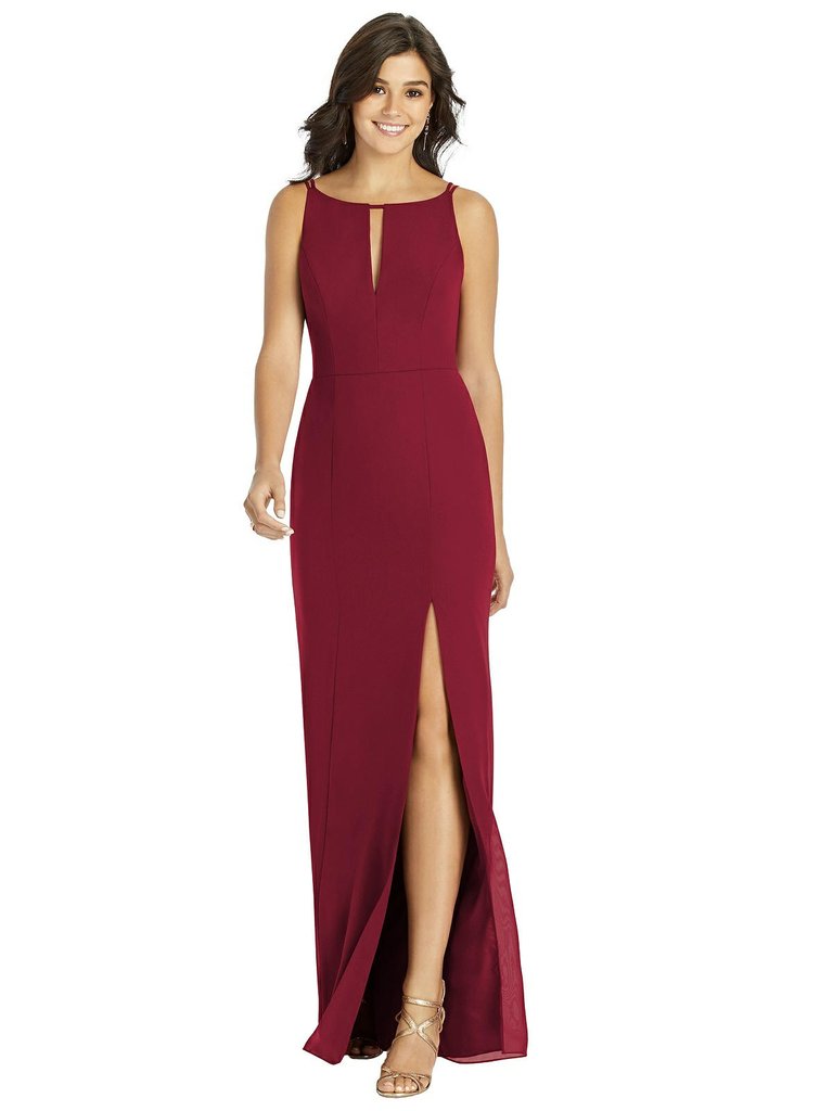 Keyhole Neck Mermaid Dress with Front Slit - TH003 - Burgundy