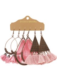 3 Pairs Boho Floral Tasseled Geometric Dangle Earrings Set - Pink