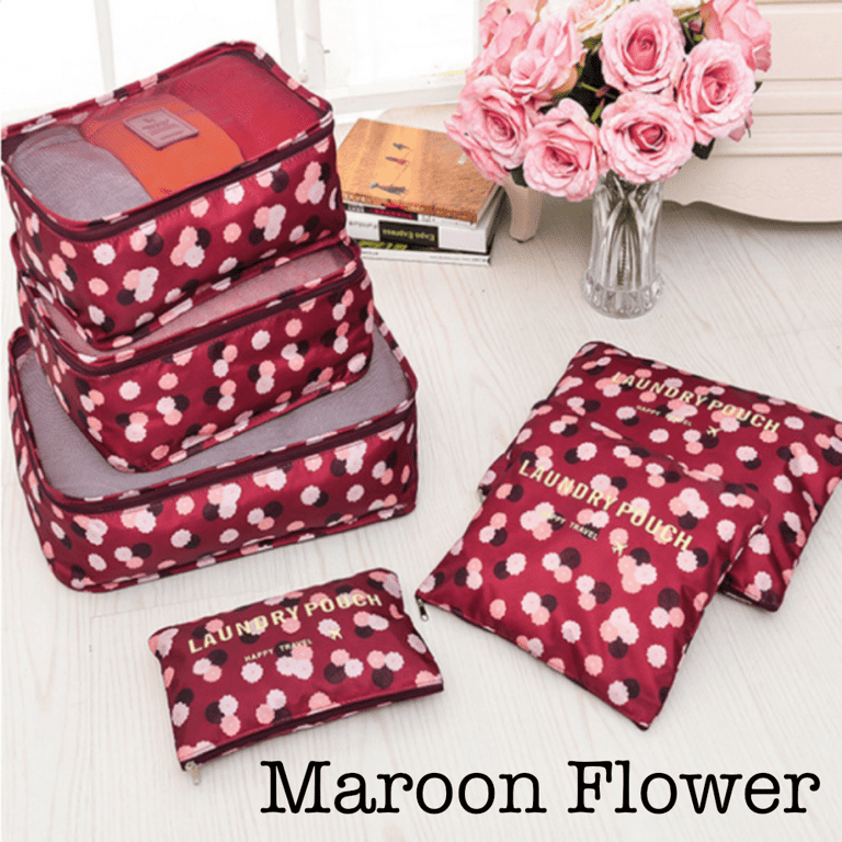 6 Piece Travel Organizer - Maroon Flower