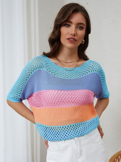 Threaded Pear April Knitted Eyelet Colorblock Striped Half Sleeves Top product