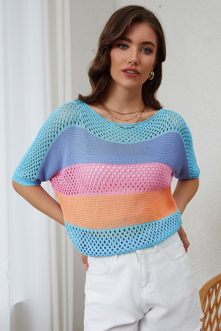 April Knitted Eyelet Colorblock Striped Half Sleeves Top - Sky Blue