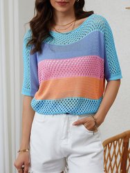 April Knitted Eyelet Colorblock Striped Half Sleeves Top