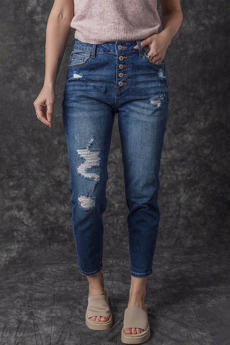 Bailee Distressed Button Fly High Waist Jeans - Blue