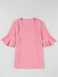 Capri Ruffled Half Sleeve V Neck Textured Top - Peach Blossom