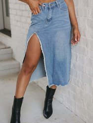 Cheyenne Frayed Slit Asymmetric Denim Midi Skirt - Light Blue