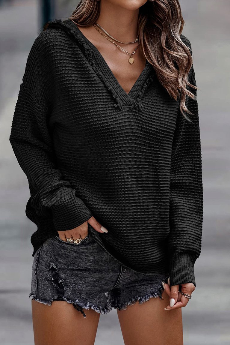 Collins V Neck Ribbed Drop Shoulder Hooded Sweater - Black