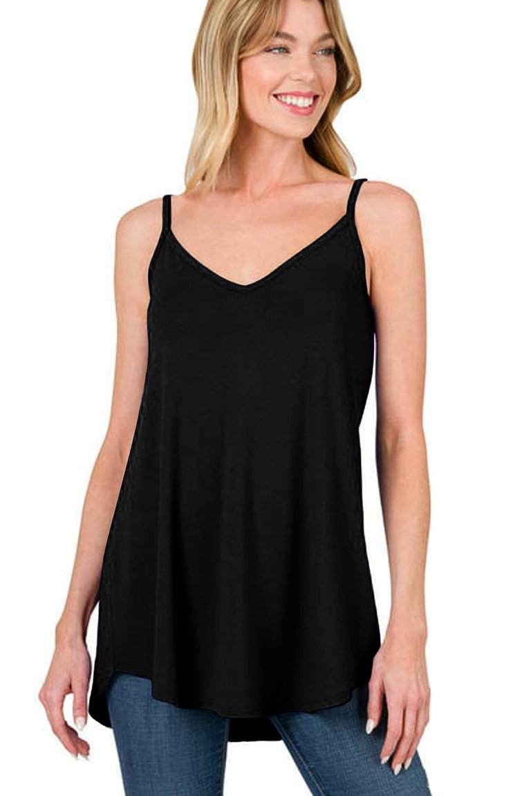 Gemma Spaghetti Strap V-Neck Flowy Tunic Tank Top - Black