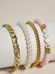 Gold 4 Pcs Mama Pearls Beaded Chain Bracelets Set