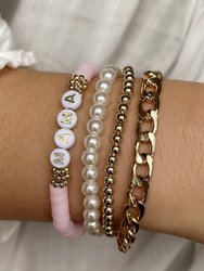 Gold 4 Pcs Mama Pearls Beaded Chain Bracelets Set