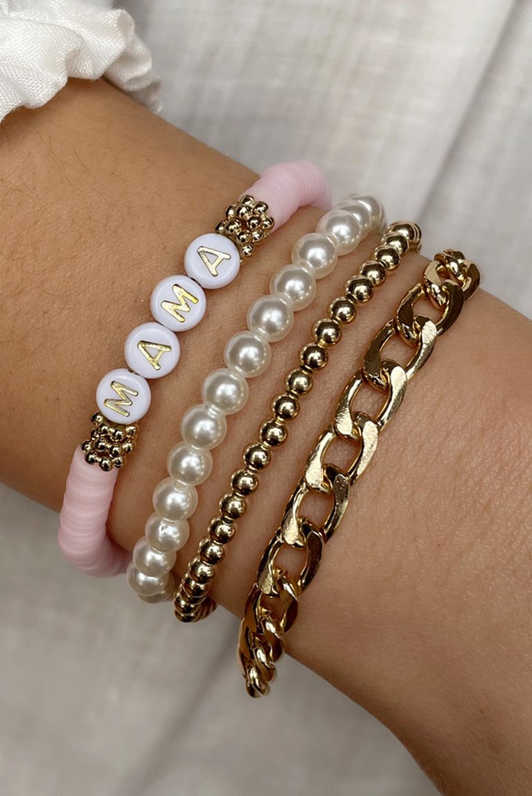 Gold 4 Pcs Mama Pearls Beaded Chain Bracelets Set - Gold