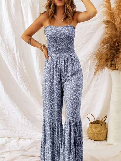 Threaded Pear Indie Smocked Bodice Wide Leg Floral Jumpsuit product