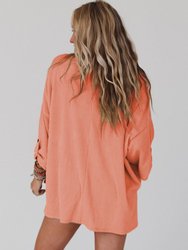 Jade Ribbed Roll-Tab Sleeve Chest Pocket Oversize Top