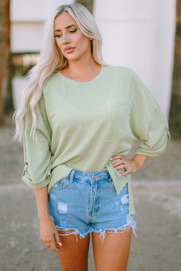 Jade Ribbed Roll-Tab Sleeve Chest Pocket Oversize Top - Green