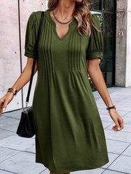 Kaitlyn Notched Neck Pleated Puff Sleeve Shift T-Shirt Dress
