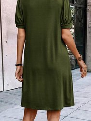 Kaitlyn Notched Neck Pleated Puff Sleeve Shift T-Shirt Dress
