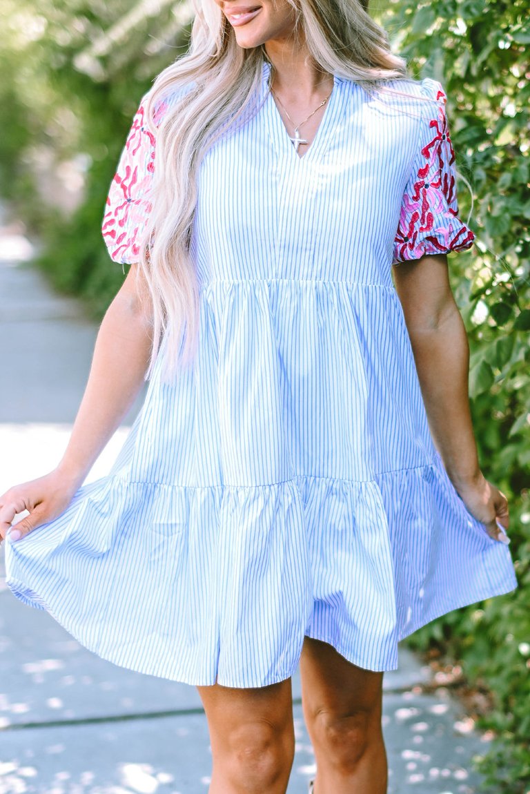 Kori Stripe Contrast Floral Puff Sleeve Tiered Ruffle Dress - Sky Blue Stripe