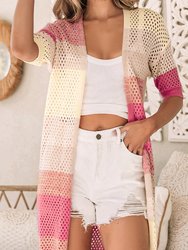 Leona Ribbed Short Sleeve Ombre Eyelet Knitted Cardigan - Pink