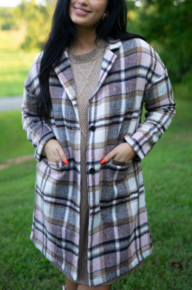 Lilia Plaid Button Up Lapel Jacket - Pink