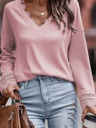 Lola Ribbed Texture Lace Trim V Neck Long Sleeve Top