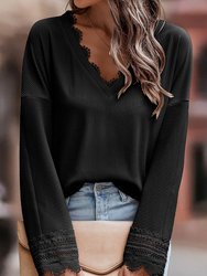 Lola Ribbed Texture Lace Trim V Neck Long Sleeve Top - Black