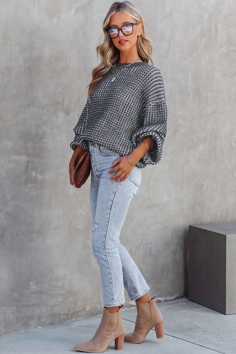 Marley Heathered Knit Drop Shoulder Puff Sleeve Sweater - Gray