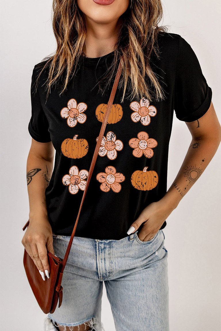 Molly Pumpkin Flower Graphic Top - Black