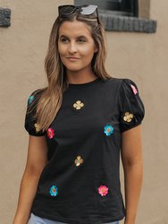 Oaklyn Embroidered Flower Short Puff Sleeve Tee