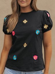 Oaklyn Embroidered Flower Short Puff Sleeve Tee