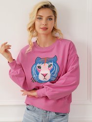 Regina Chic Tiger Embroidered Casual Sweatshirt - Rose