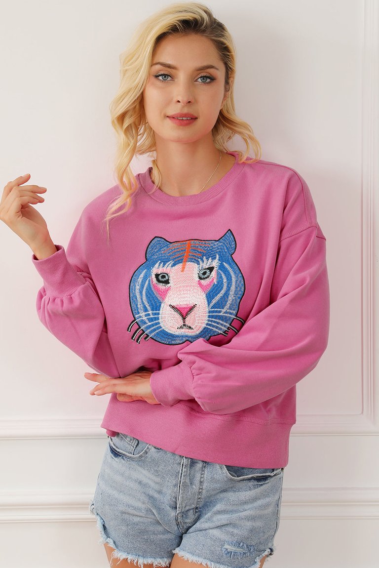 Regina Chic Tiger Embroidered Casual Sweatshirt - Rose