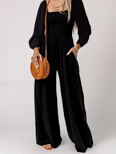 Threaded Pear Ryleigh Smocked Square Neck Long Sleeve Wide Leg Jumpsuit product