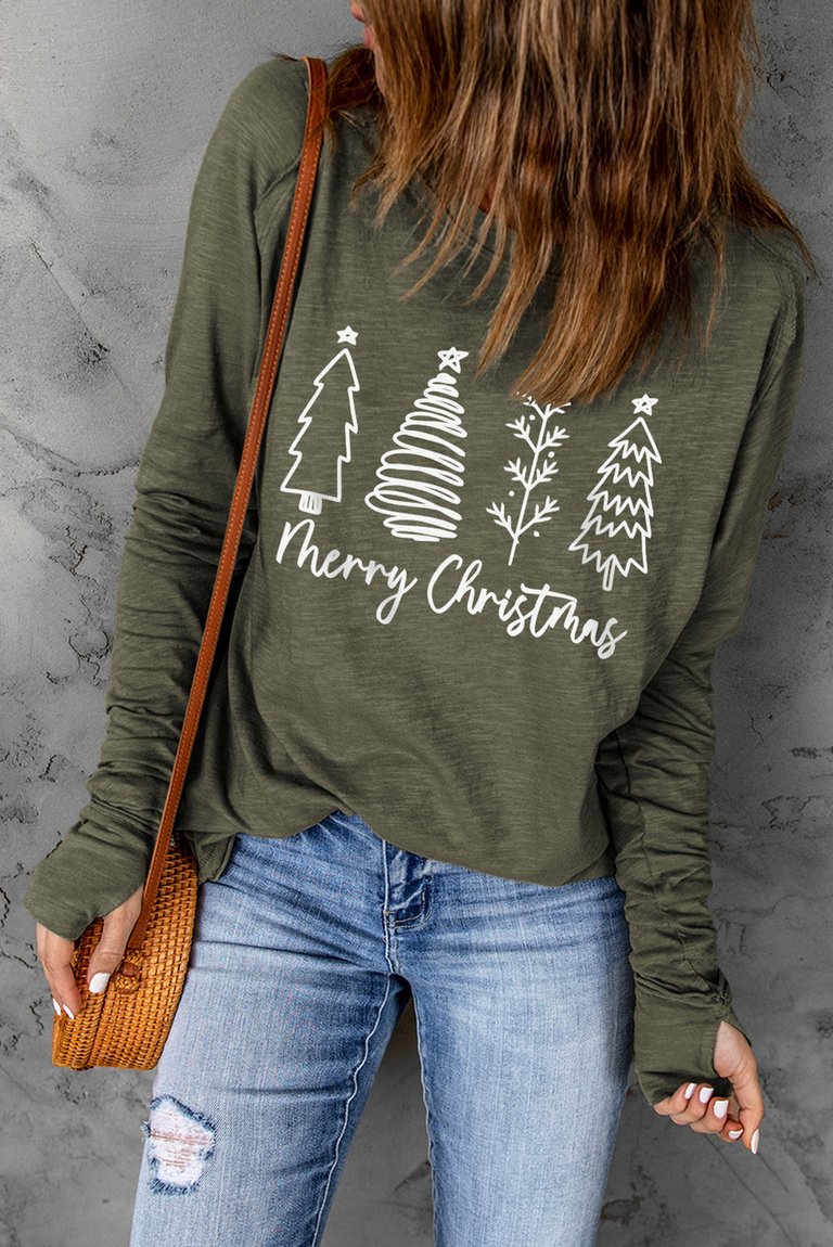 Thea Merry Christmas Trees Thumbhole Sleeve Graphic Tee - Green
