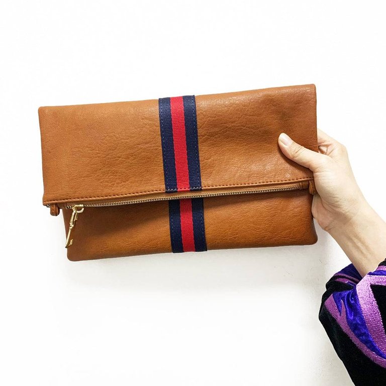 Toni Fold Over Clutch - Brown: Navy/Red Stripe