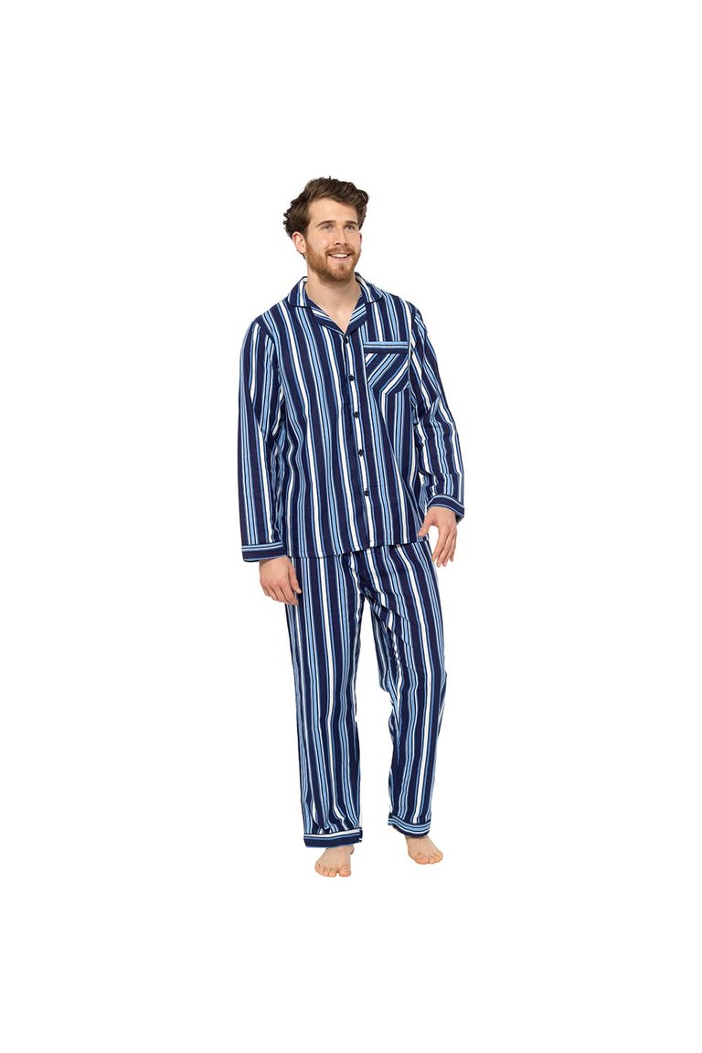 Tom Franks Mens Striped Flannel Pajama Set (Navy) - Navy
