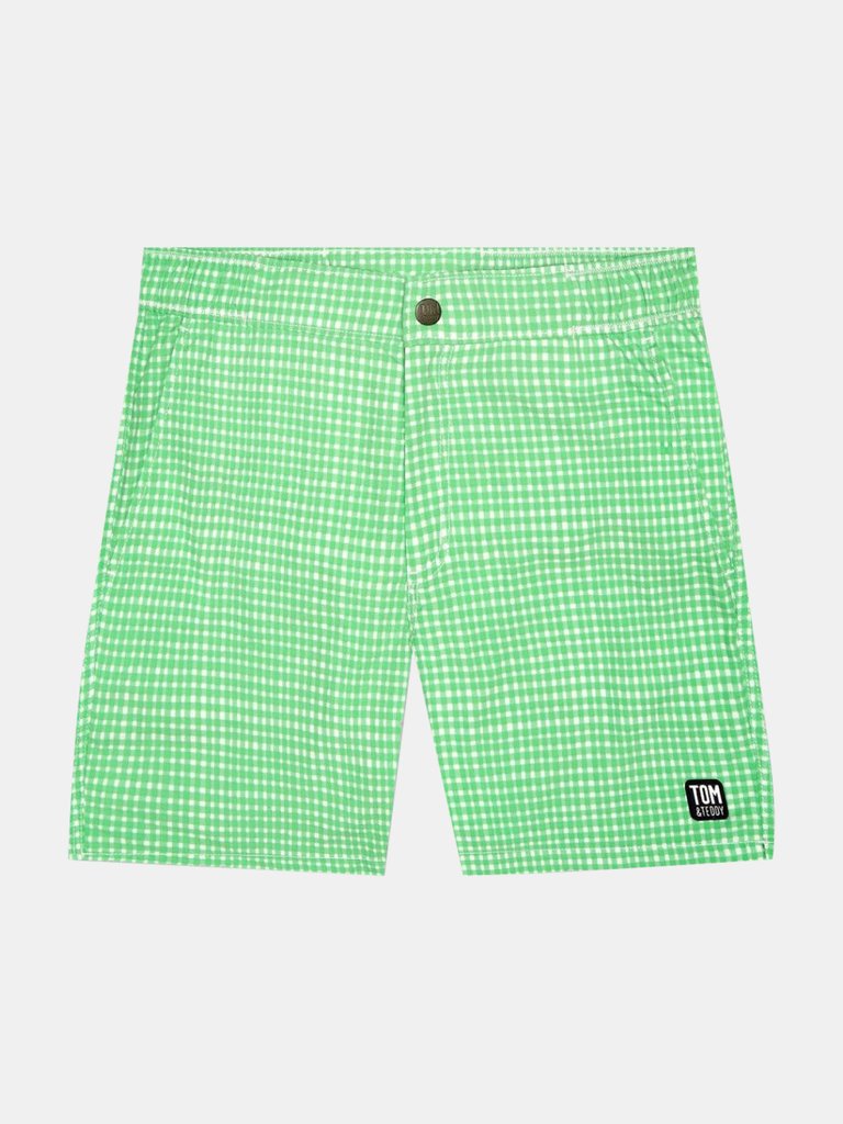 Mens Green Gingham Swim Shorts - Green Gingham