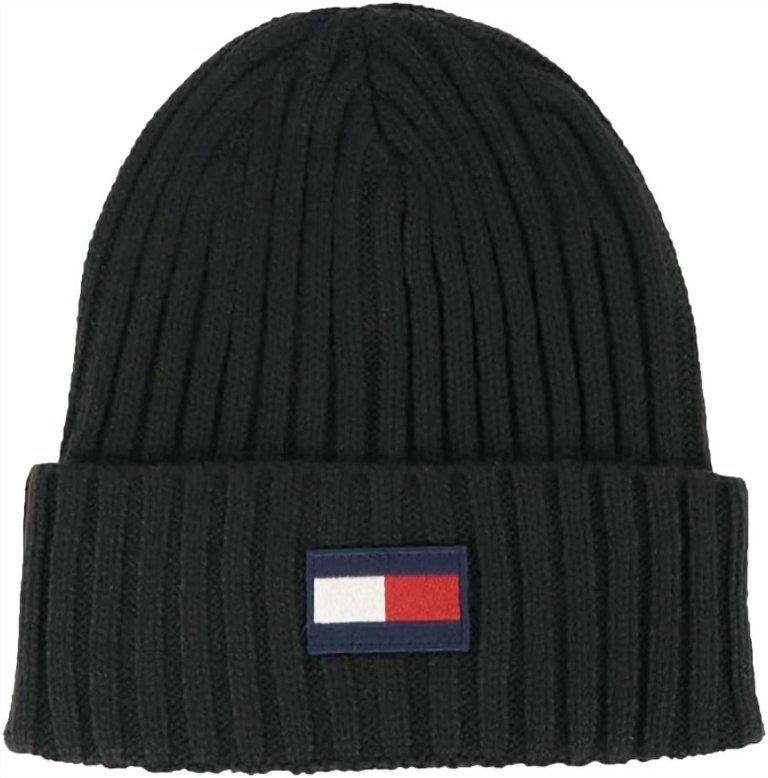 Fleece Big Flag Beanie Hat In Black - Black