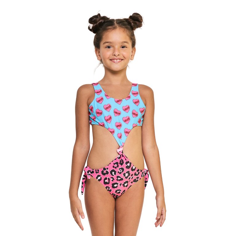 Cheetah Heart One Piece Short Sleeves Swimsuit - Cheetah Heart