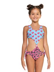 Cheetah Heart One Piece Short Sleeves Swimsuit - Cheetah Heart